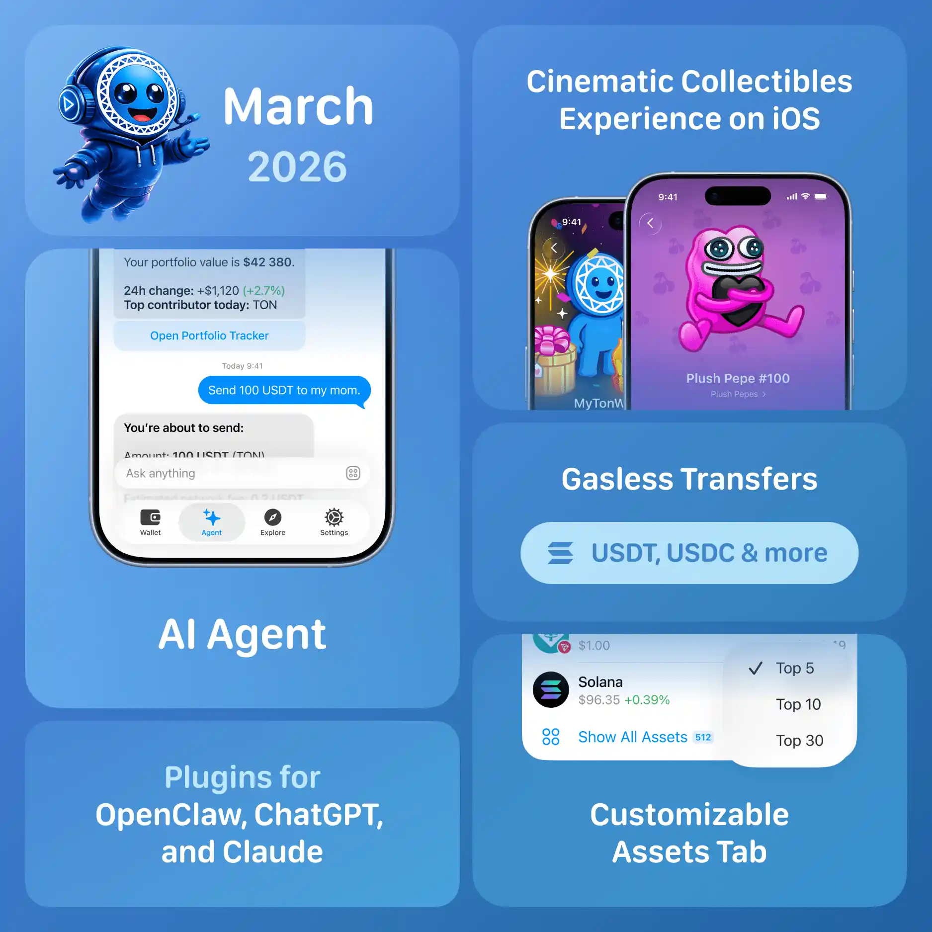 Agent, Gasless Transfers on Solana, Full-Screen Collectibles on iOS & More